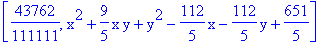 [43762/111111, x^2+9/5*x*y+y^2-112/5*x-112/5*y+651/5]
